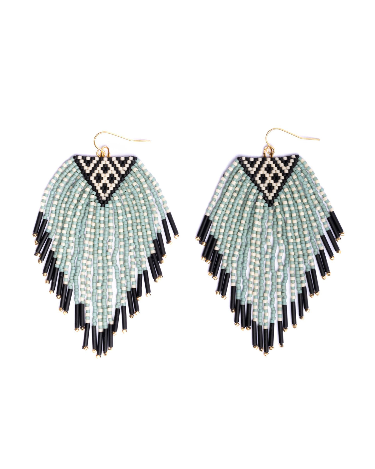 Aqua Sonoran Triangle Beaded Handwoven Fringe Earrings