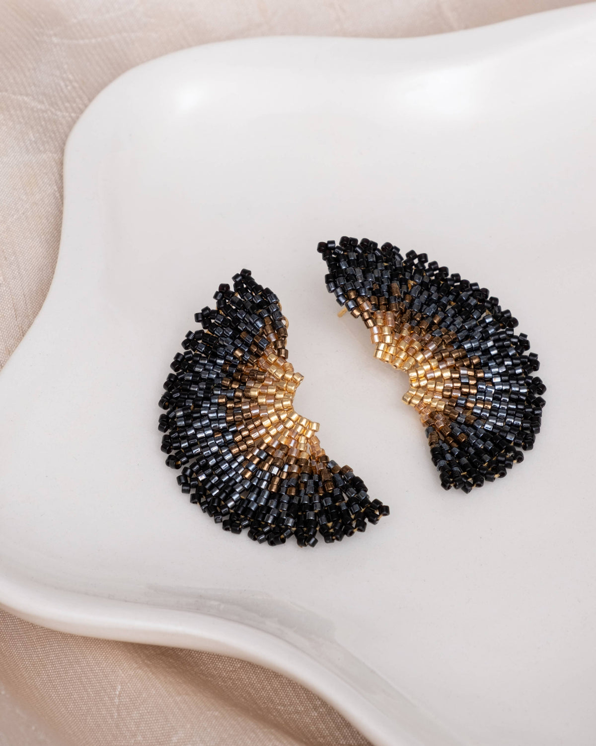 Black Ginkgo Leaf Beaded Handwoven Stud Earrings