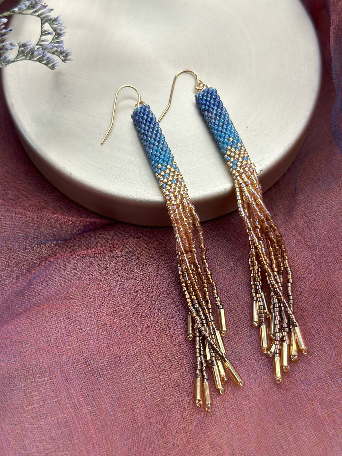 Indigo Ombre Tassel Beaded Handwoven Earrings (Indigo)