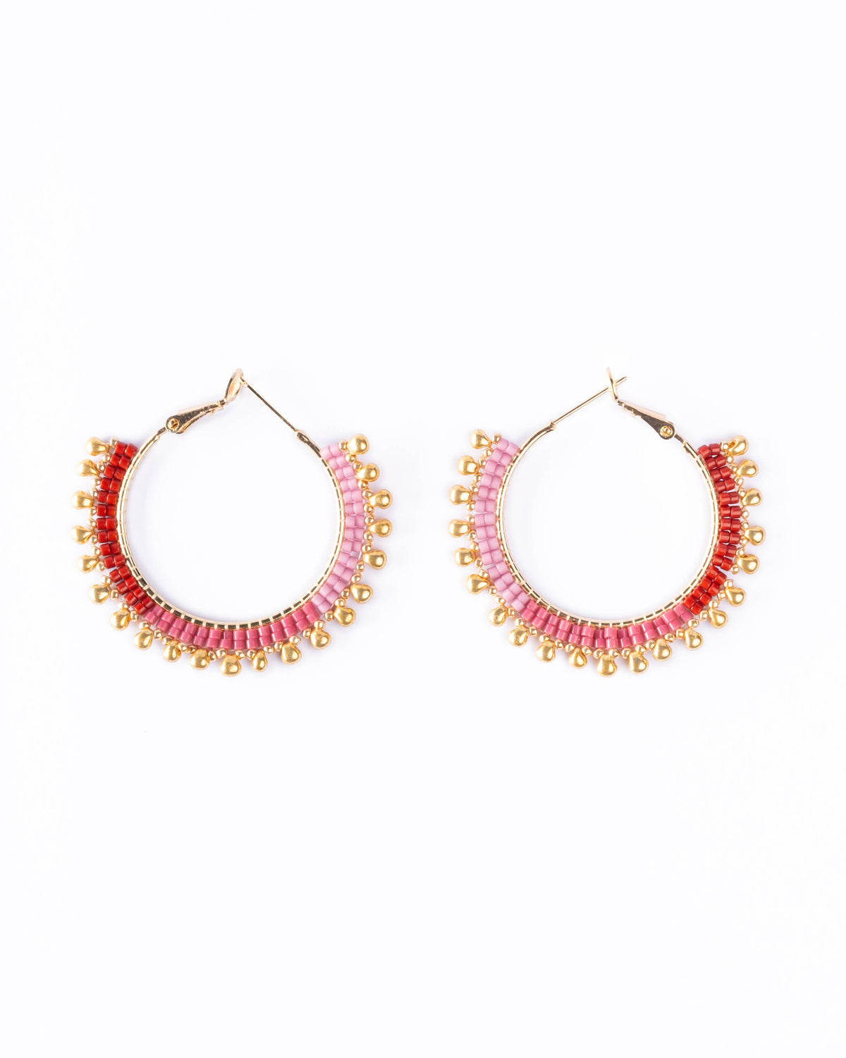 Handwoven Beaded Gold Drop Hoop Earrings (Rose)