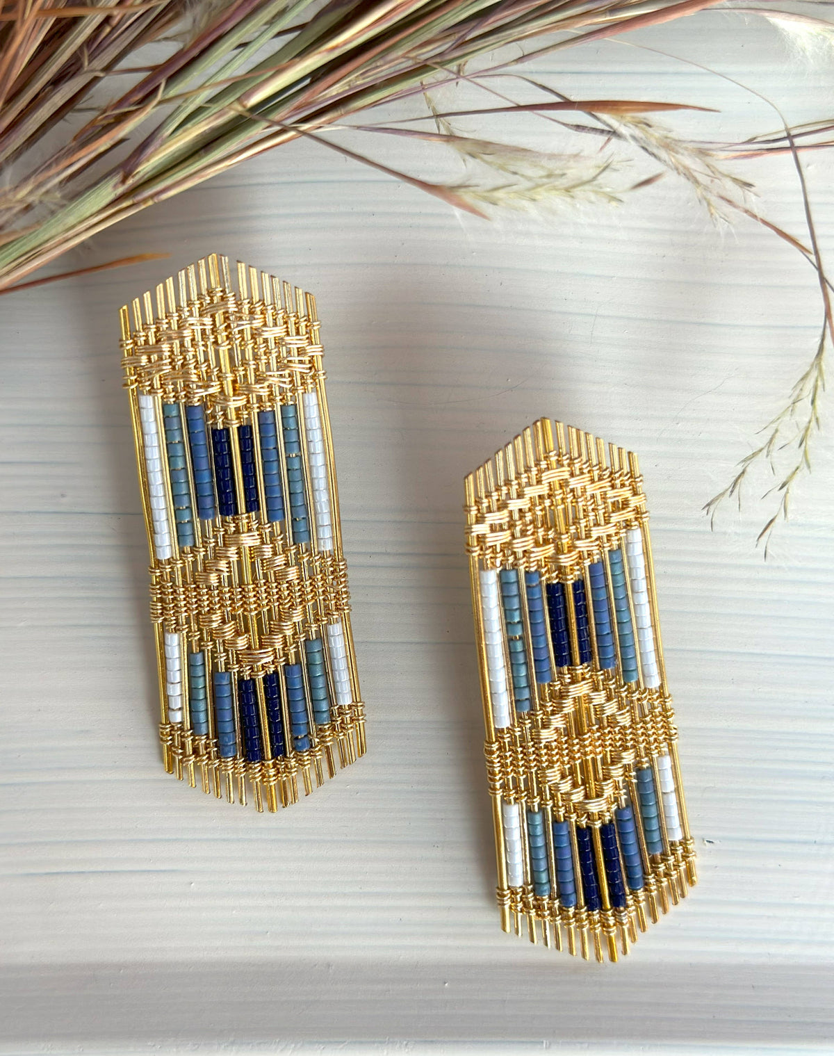 Handwoven Wire and Bead Regalia Earrings (Blue)