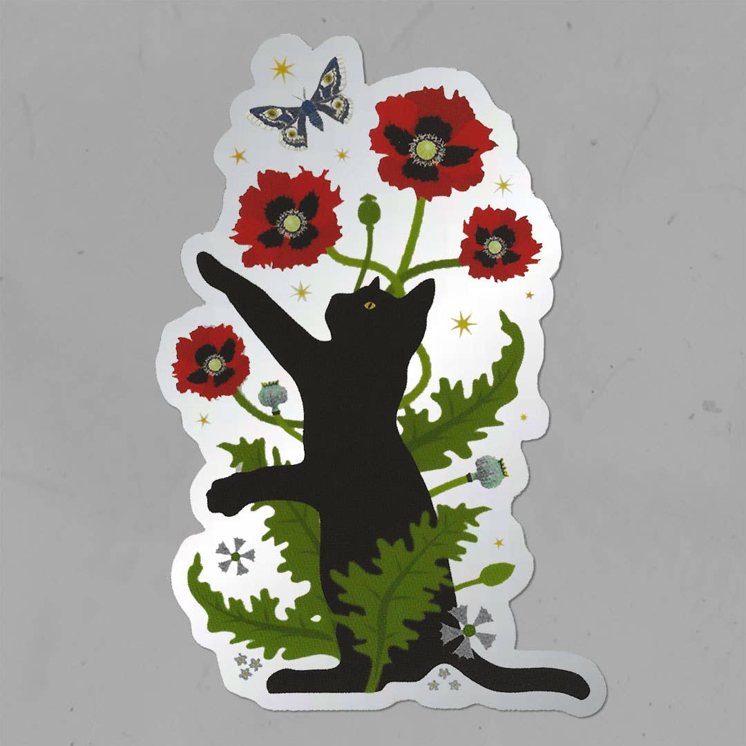 Black Cat &amp; Poppies Matte Mirror PVC-Free Sticker