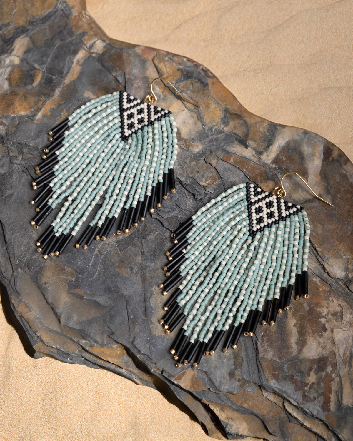 Aqua Sonoran Triangle Beaded Handwoven Fringe Earrings