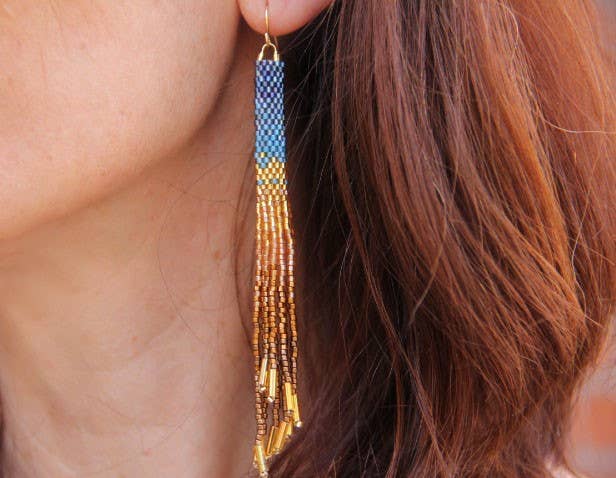 Indigo Ombre Tassel Beaded Handwoven Earrings (Indigo)