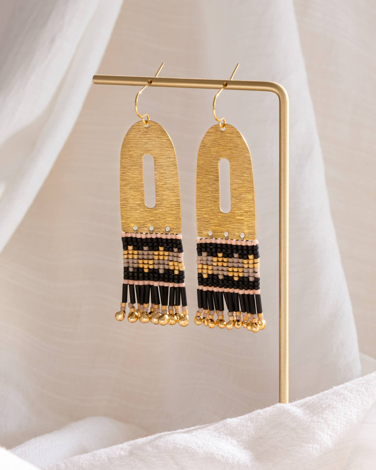 Beaded Handwoven Color Block Brass Earrings (Black)