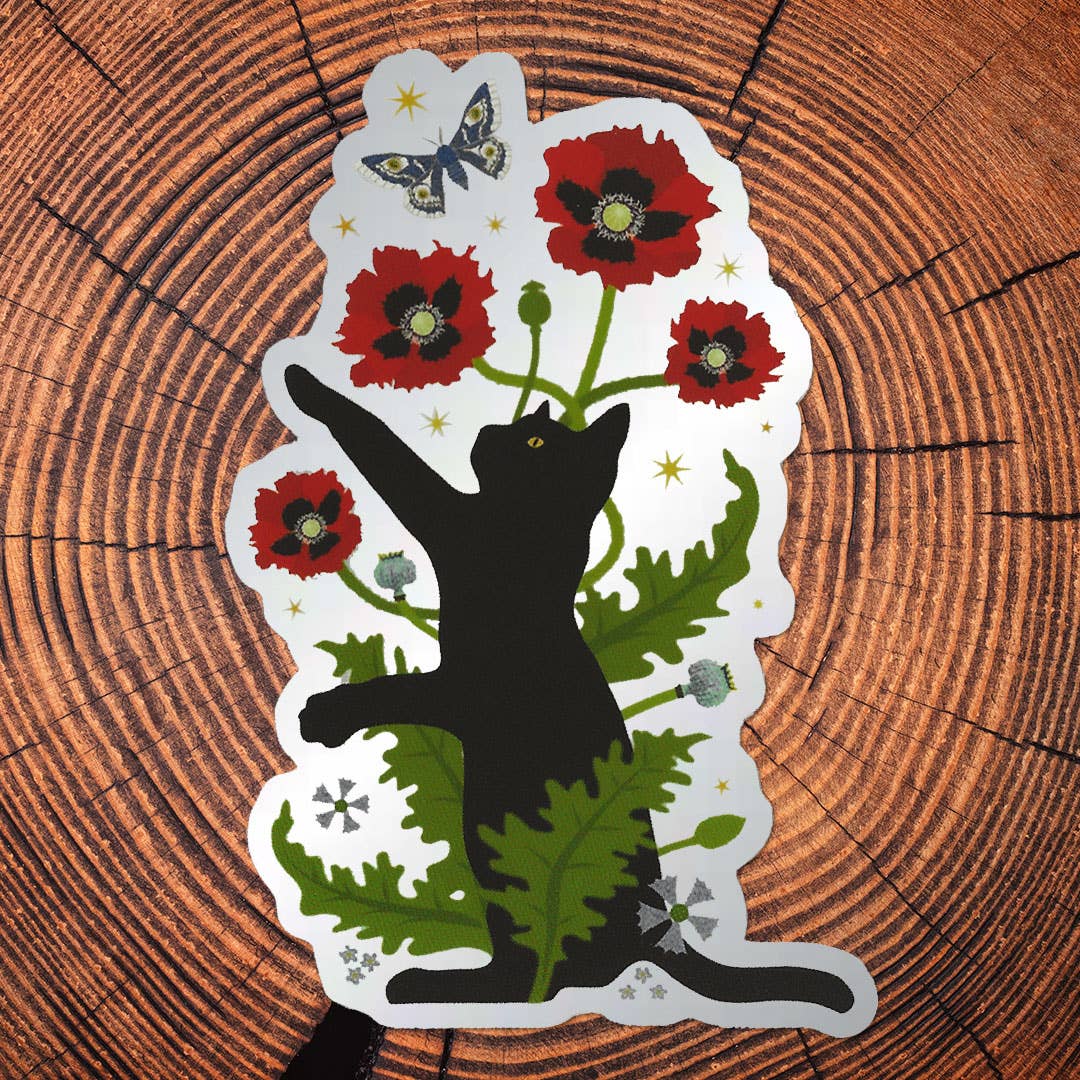 Black Cat &amp; Poppies Matte Mirror PVC-Free Sticker