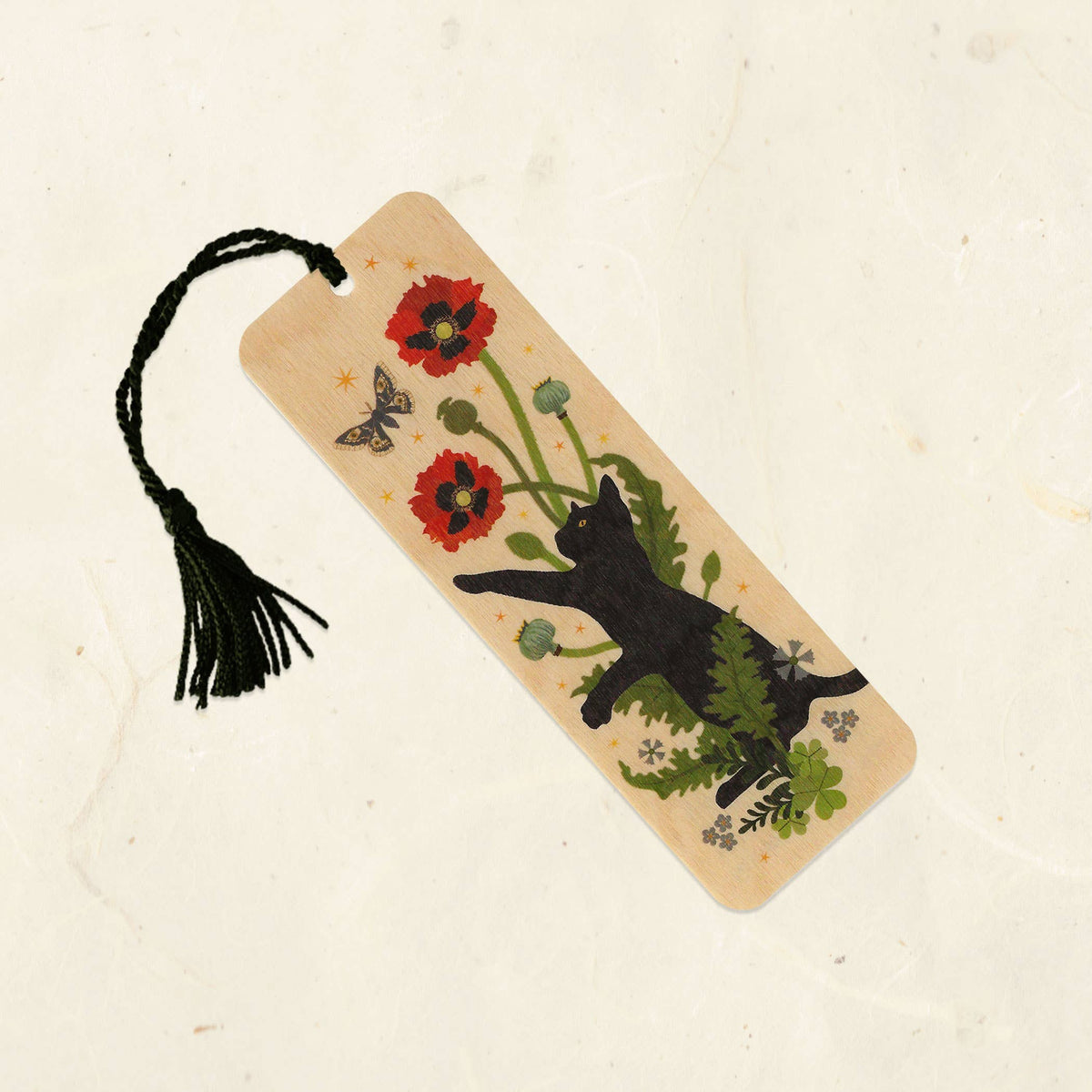 Black Cat and Poppies Wood Bookmark with Tassel