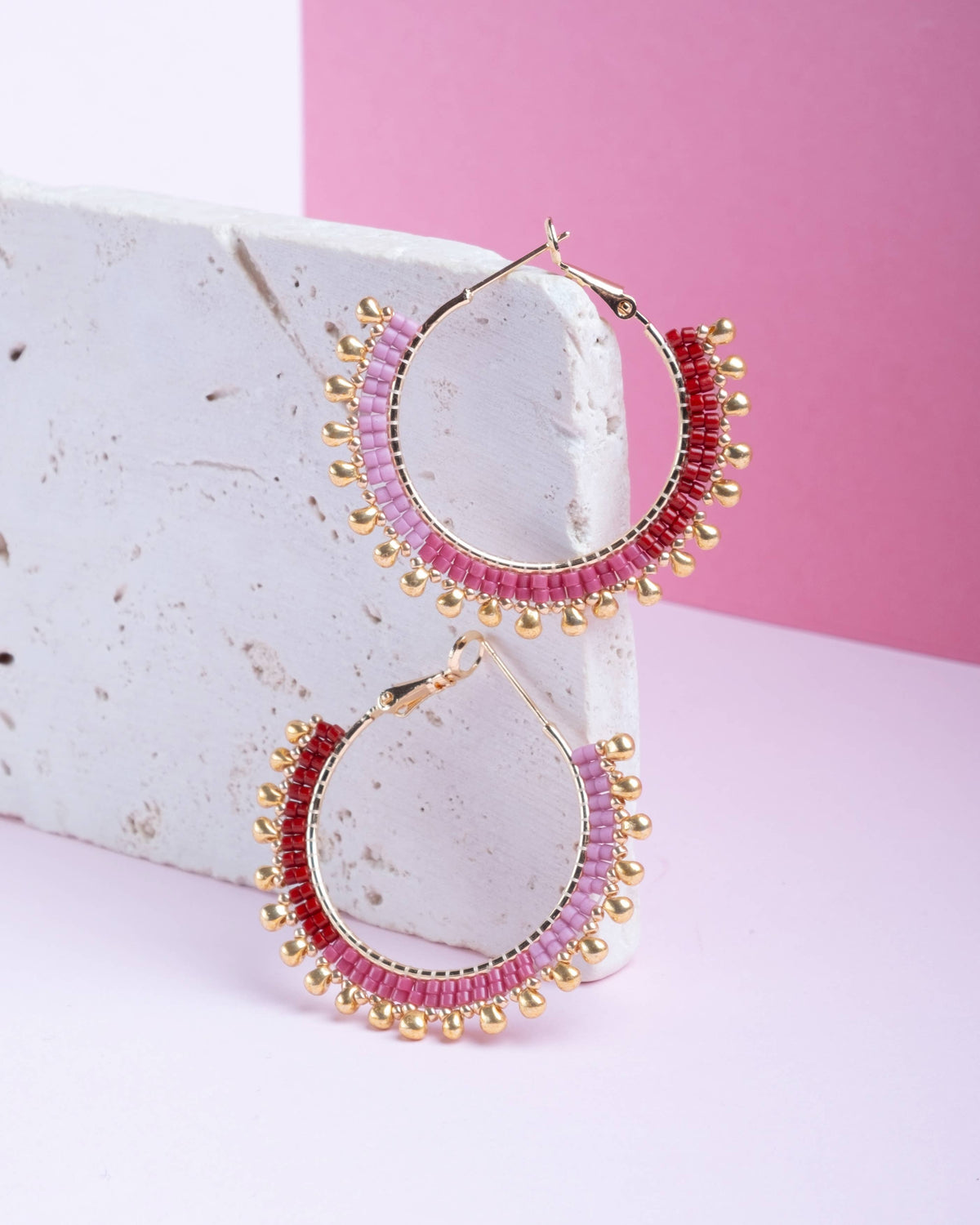 Handwoven Beaded Gold Drop Hoop Earrings (Rose)